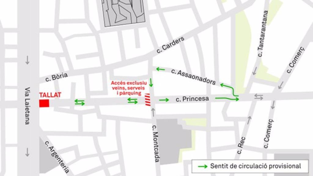Mapa de las obras que obligan a cortar la calle Princesa de Barcelona