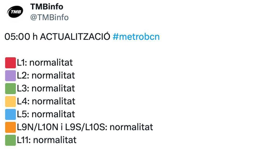Estado de las líneas del metro a las 5:00 horas