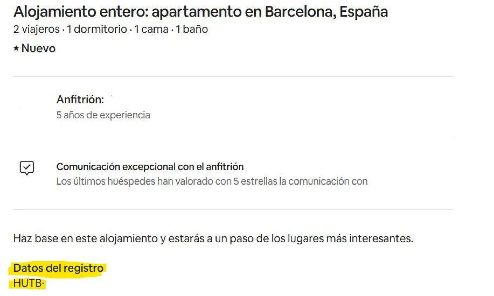 Captura de un anuncio de Airbnb en Barcelona con el número de registro