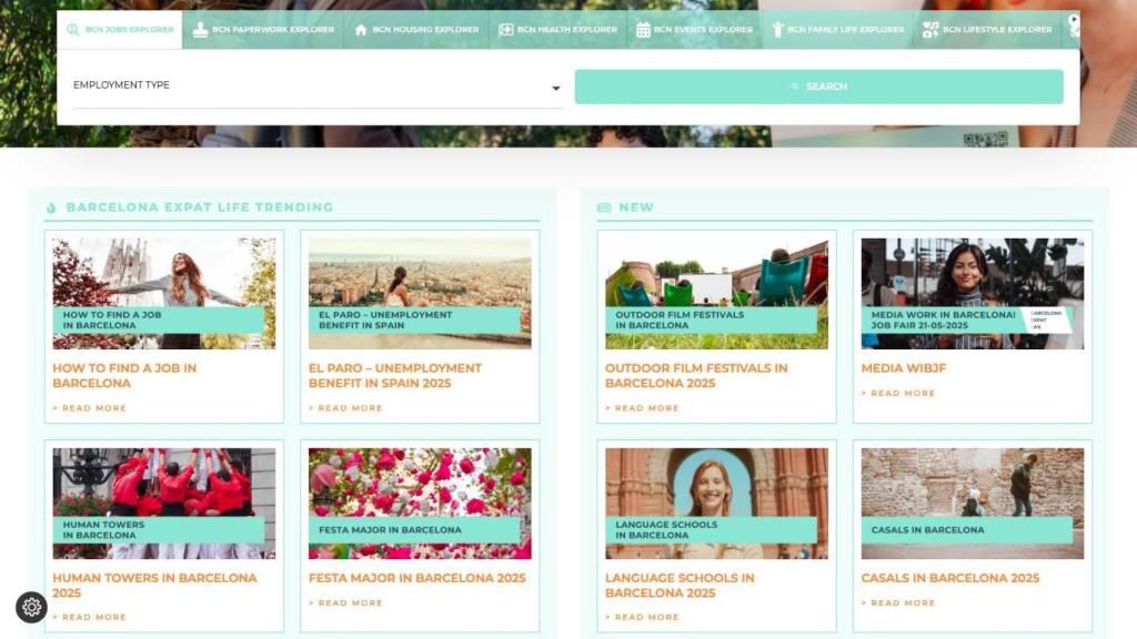 Captura de pantalla de la página de inicio de Barcelona Expat Life