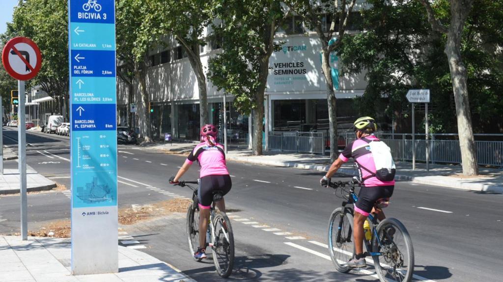 Dos ciclistas pedalean por un carril bici de Bicivia en el área metropolitana